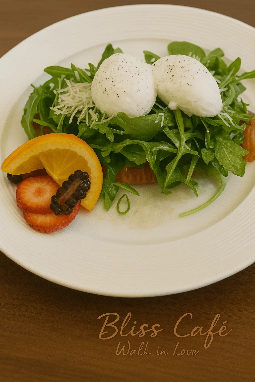 Burrata salad with arugula, cheese and fresh fruits at Bliss Café, a Coffee Shop in Oviedo