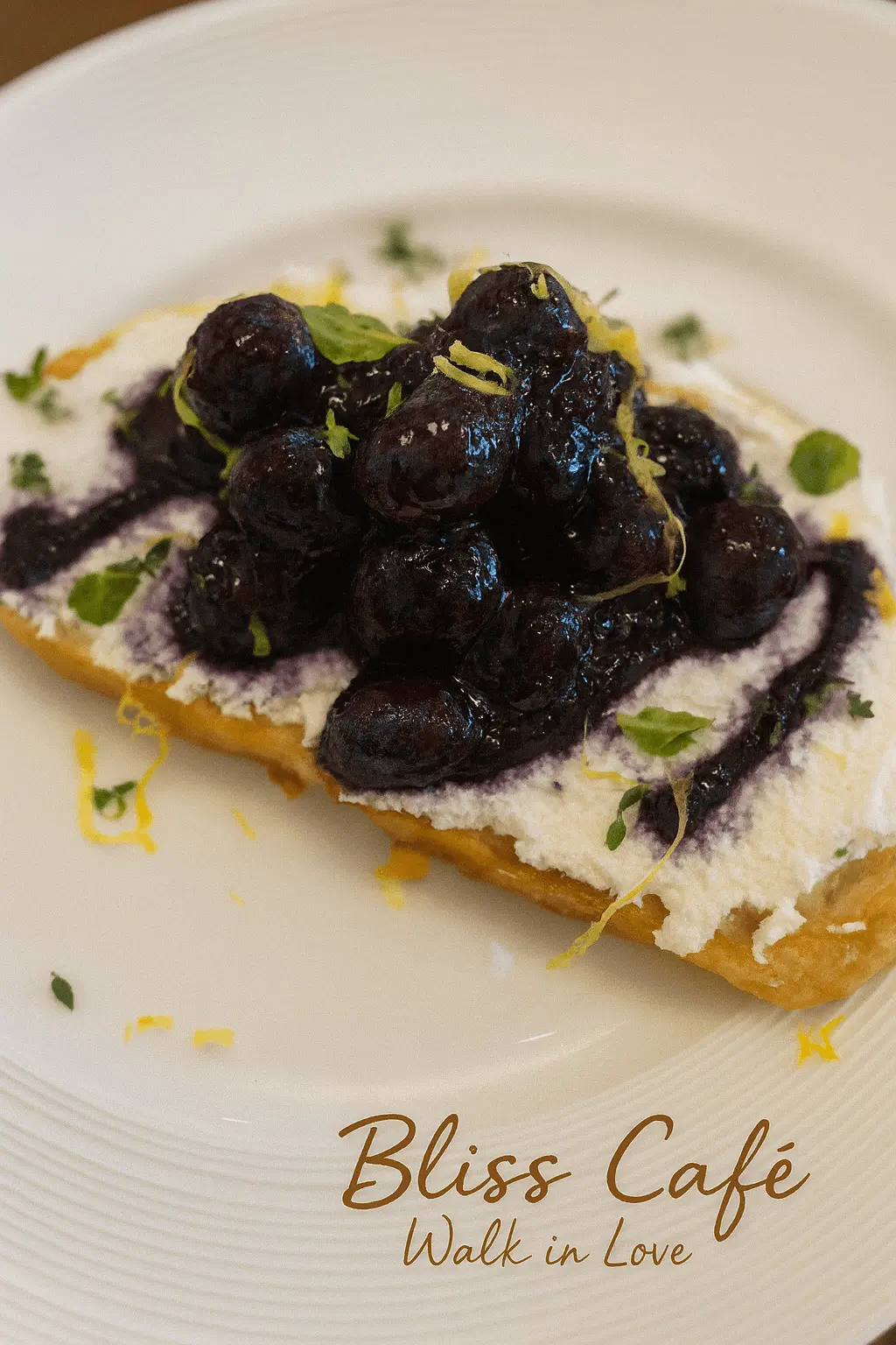 Blueberry tartine with cheese and lemon zest at Bliss Café, a Coffee Shop in Oviedo