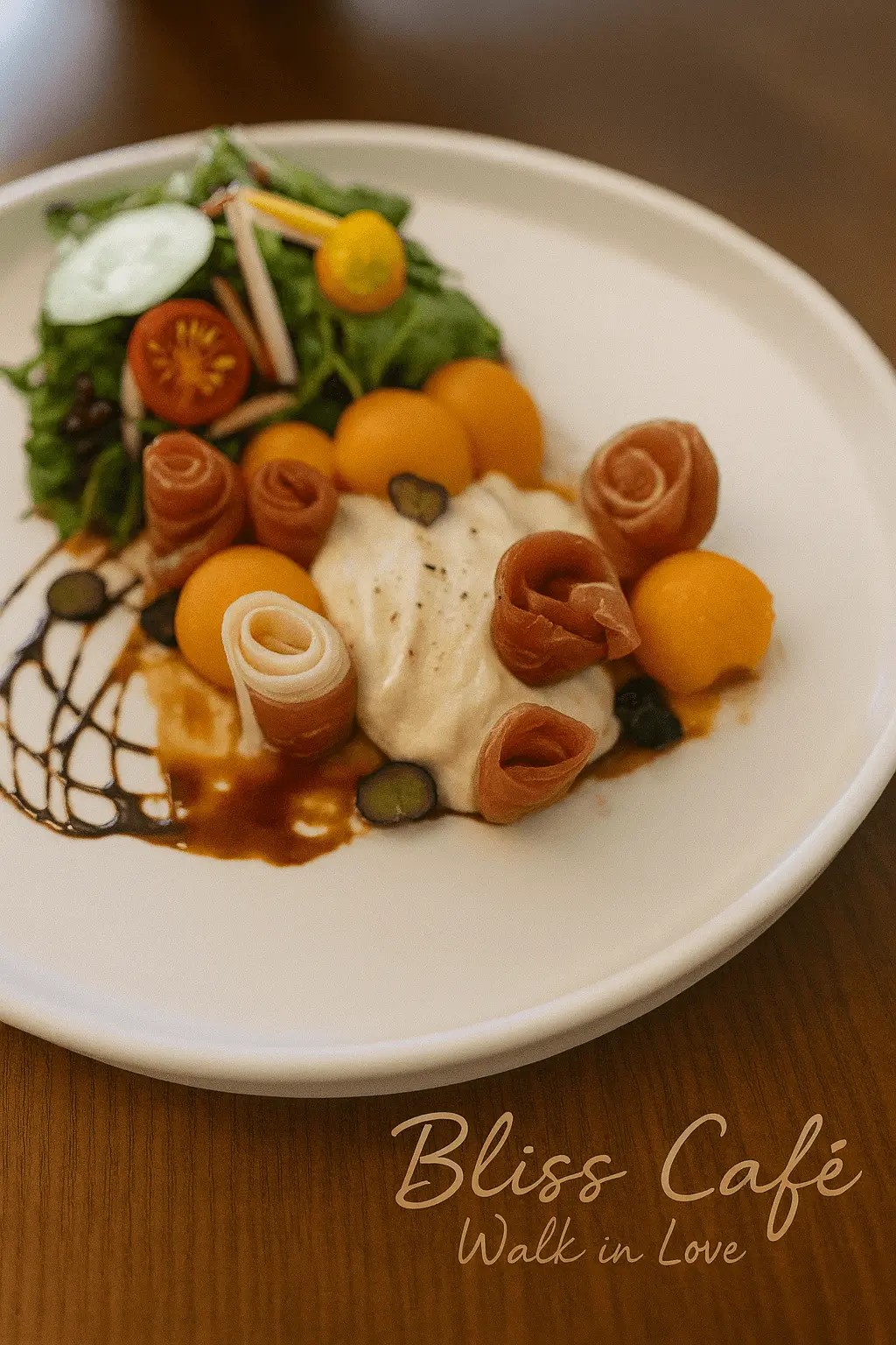 Salad plate with prosciutto, melon and greens at Bliss Café, a Coffee Shop in Oviedo
