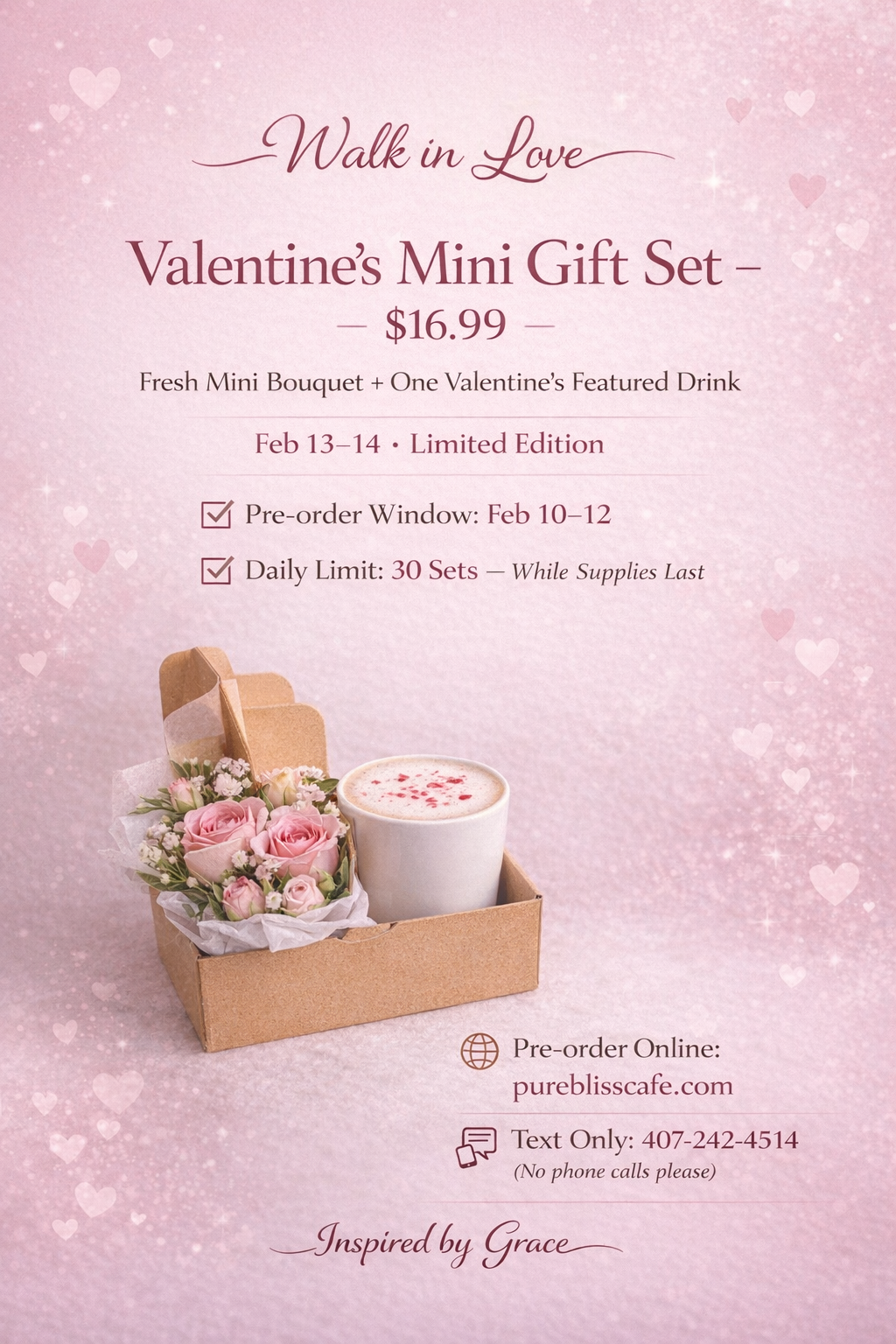 Alt:
Pink Valentine’s Mini Gift Set poster with mini bouquet and drink, $16.99, preorder Feb 10–12, limited Feb 13–14.
Title:
Valentine’s Mini Gift Set with bouquet and featured drink, $16.99, limited edition preorder available.